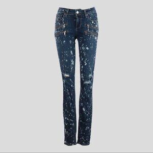 Paige Edgemont Acid Paint Splatter Moto Zip Distressed Skinny Jeans 25 Low Rise